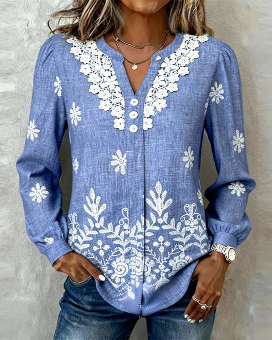 Hemd Puffärmel Bestickt Spitzenbesatz