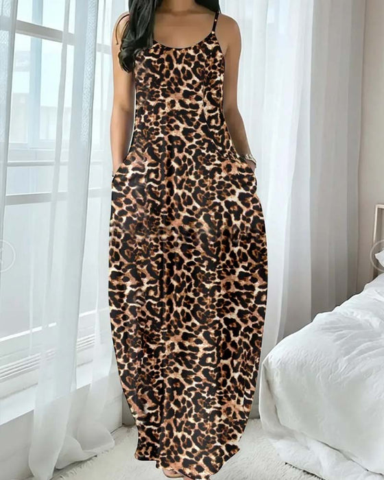 Kleid Spaghettiträger Leopard Druck Tailliert A-Linie