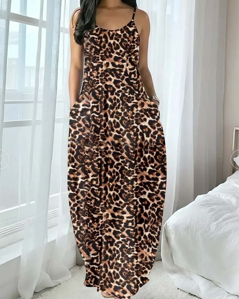 Kleid Spaghettiträger Leopard Druck Tailliert A-Linie