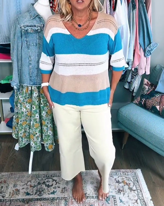 Pullover V-Ausschnitt Colorblock Locker