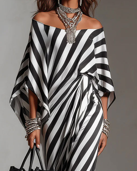 Kleid Off-Shoulder Fledermausärmel Streifen Lang