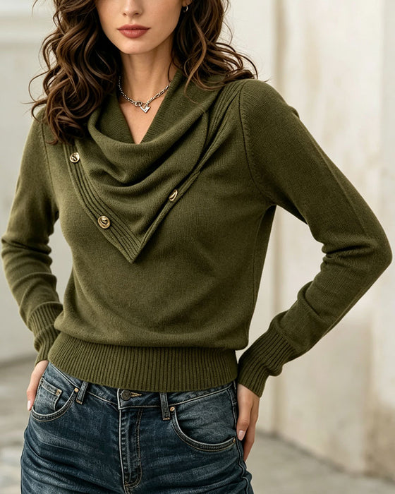 Pullover Schal Kragen Knopf Einfarbig
