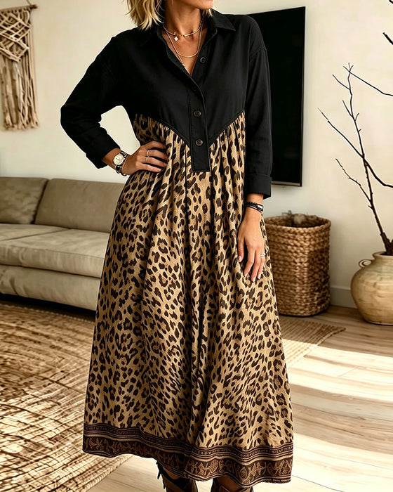 Kleid Hemdkragen Knopfleiste Leopardenmuster Tasche