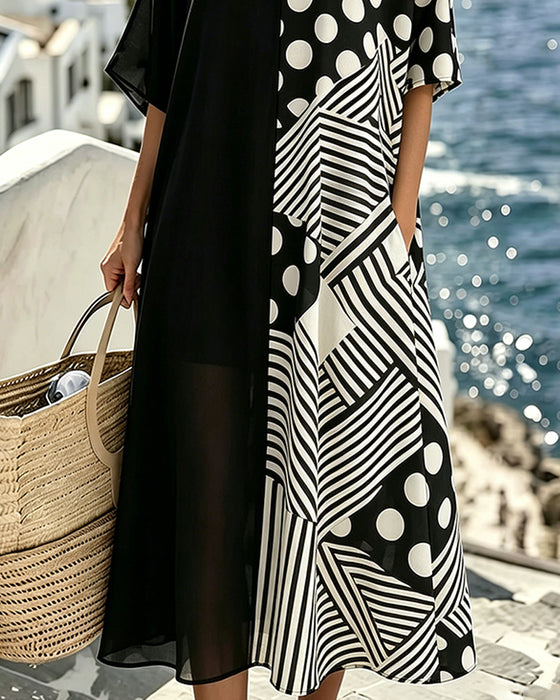 Kleid V-Ausschnitt Polka Dot Streifen Patchwork