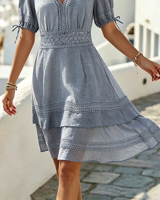 Kleid V-Ausschnitt Ausschnitt Doppelt Lage Puffärmel