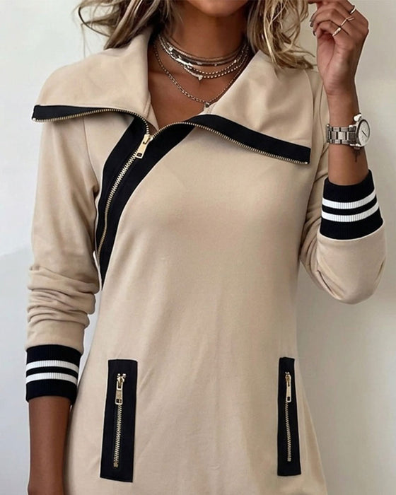 Kleid Schräger Reißverschluss Kragen Gerade