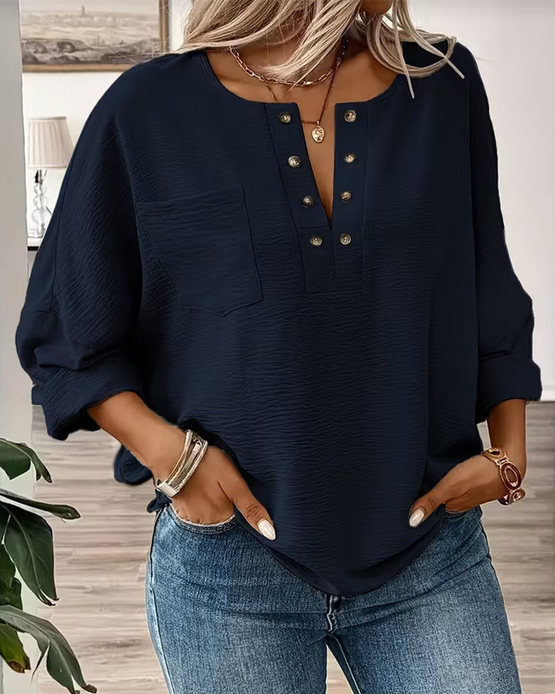 Hemd Knopfdetal Tasche V-Ausschnitt