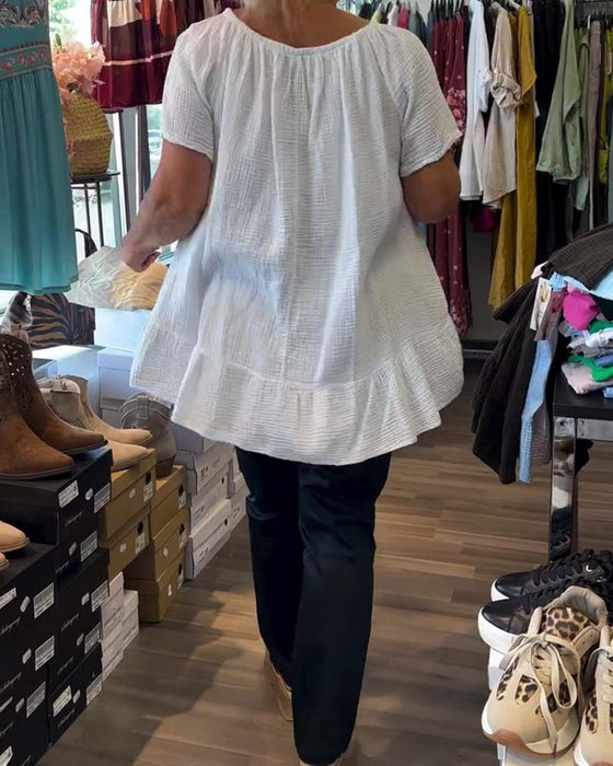 Bluse Rundhals Gerafft Locker Uni