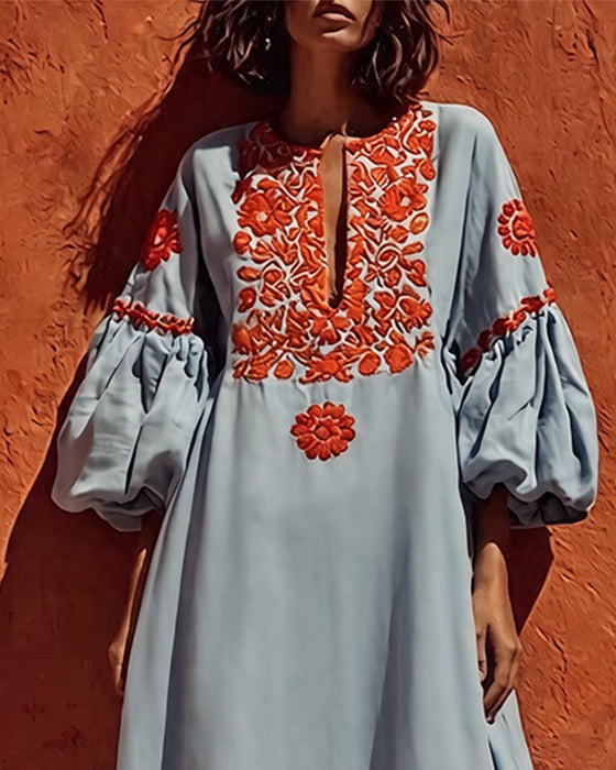 Kleid V-Ausschnitt Blumen Laterne Ärmel
