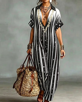 Jumpsuit V-Ausschnitt Streifen Kontrast Locker