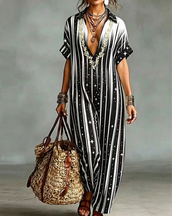 Jumpsuit V-Ausschnitt Streifen Kontrast Locker