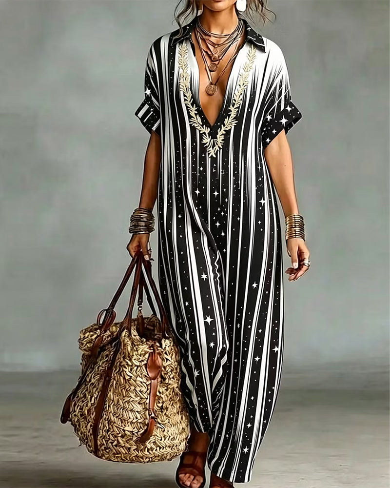 Jumpsuit V-Ausschnitt Streifen Kontrast Locker