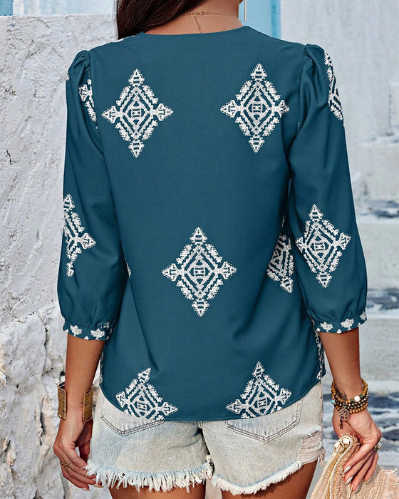 Bluse mit V-Ausschnitt Diamantmuster Dreiviertelärmel