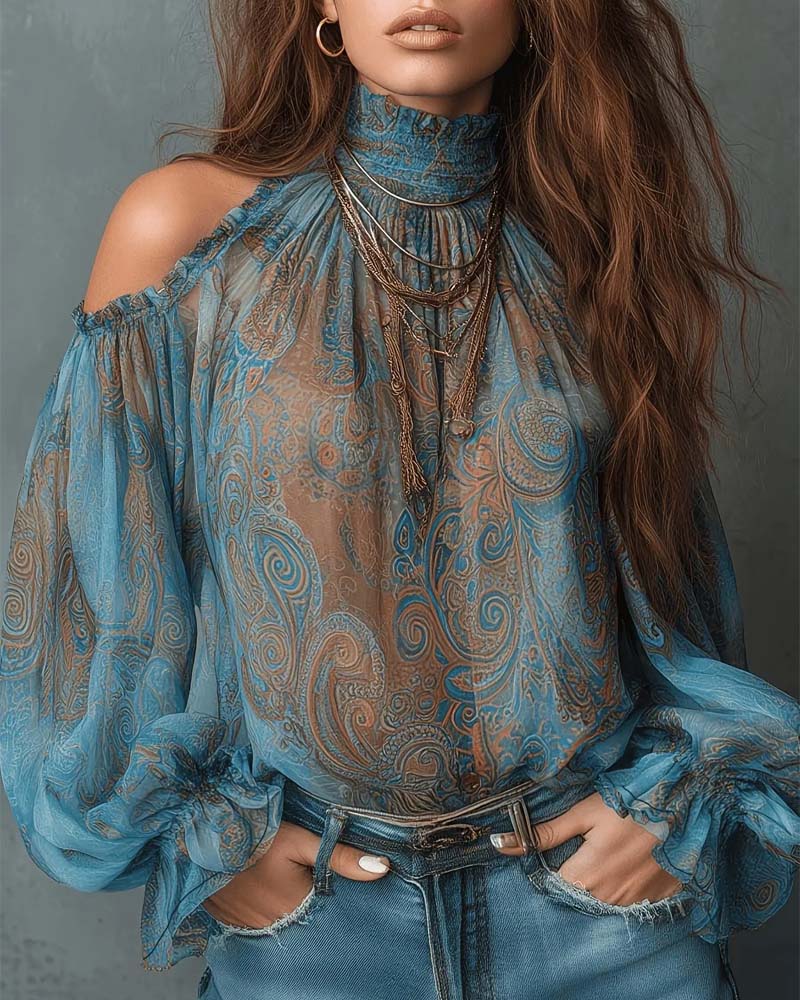 Bluse Bedruckt Off-Shoulder Mandarin Kragen