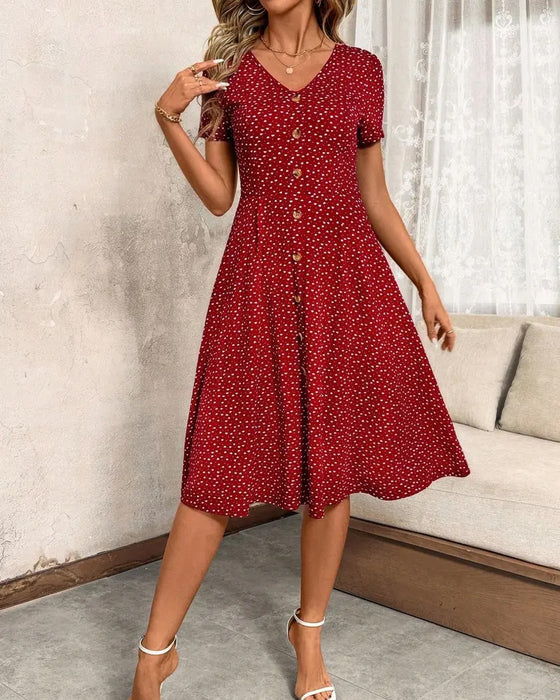 Bedrucktes Kleid Mit V-Ausschnitt Und Kurzen Ärmeln