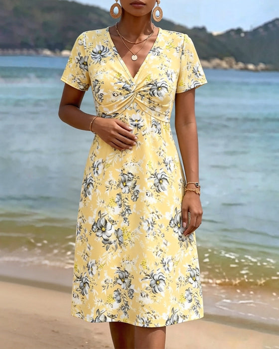Kleid Blumen V-Ausschnitt Twist Knoten