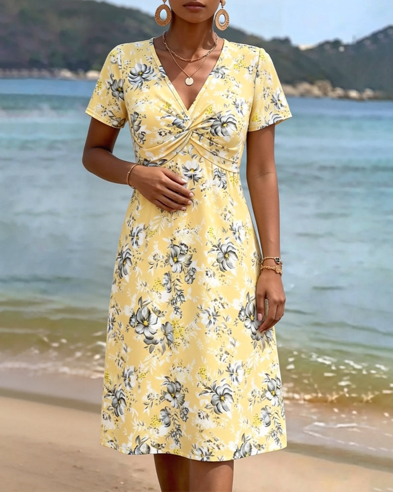 Kleid Blumen V-Ausschnitt Twist Knoten