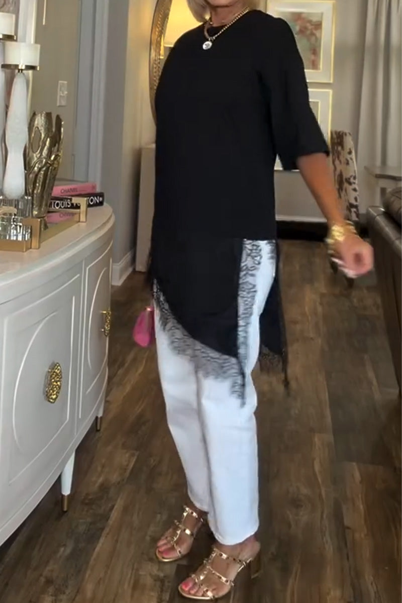 Bluse Spitzennaht Unregelmäßig Mittellang