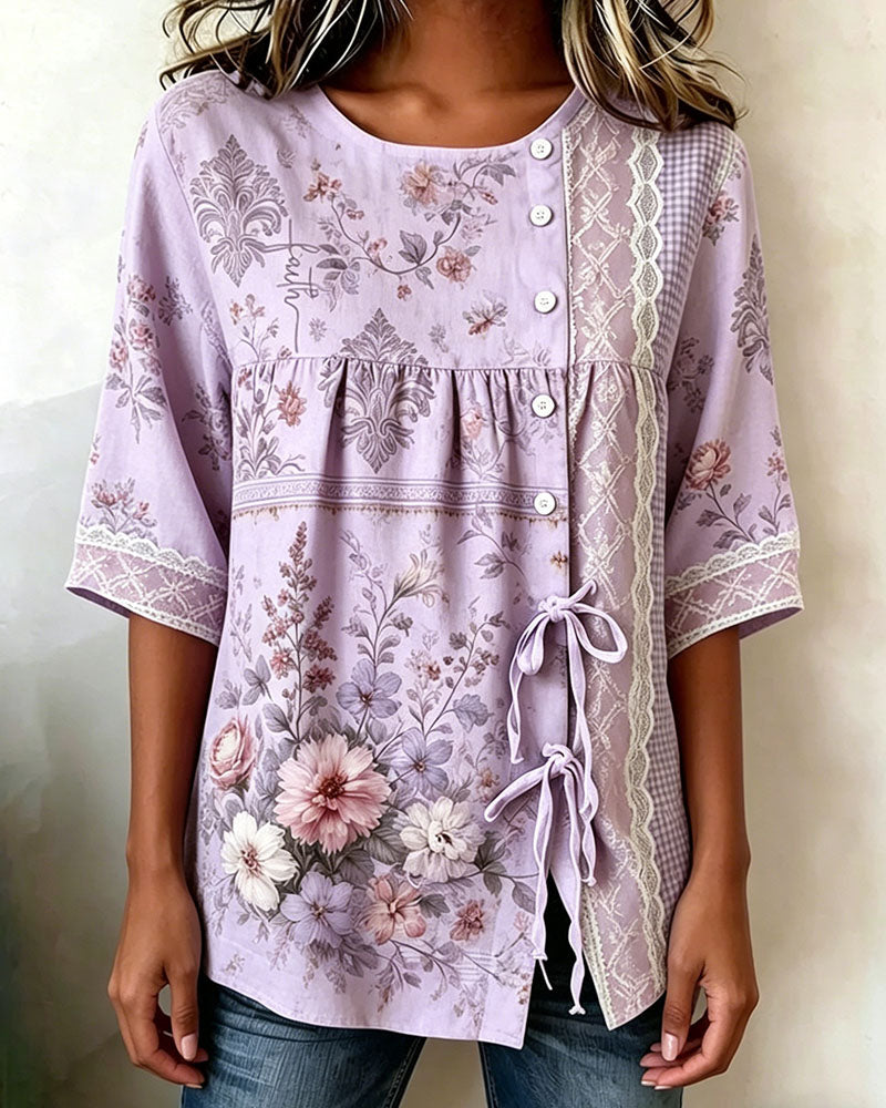 Bluse Retro Blumenprint Lässig
