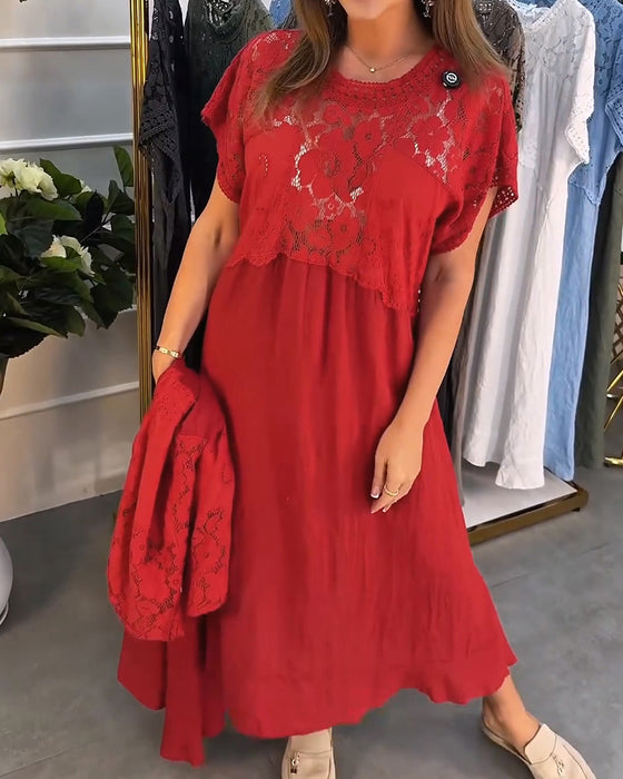 Kleid Elegant Spitzenbesatz Patchwork Maxi