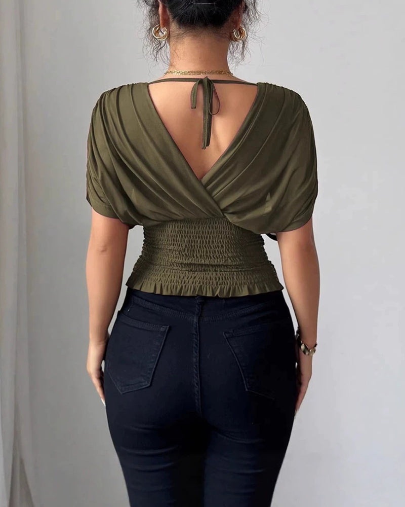 Bluse Uni Farbe Tiefer V-Ausschnitt Taille Kurzarm