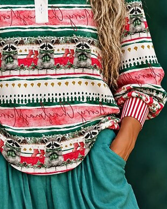 Oberteil Weihnachten Waschbär Gestreift Patchwork