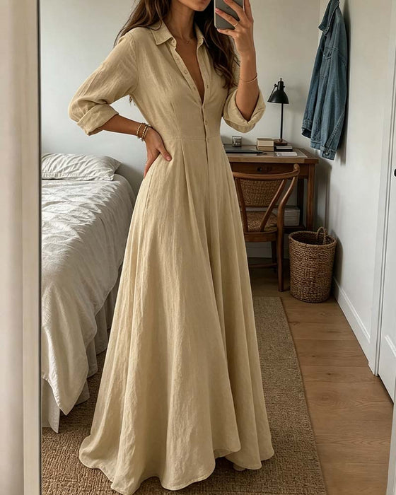 Kleid Hemdkragen Weiter Rock Figurbetonte Taille
