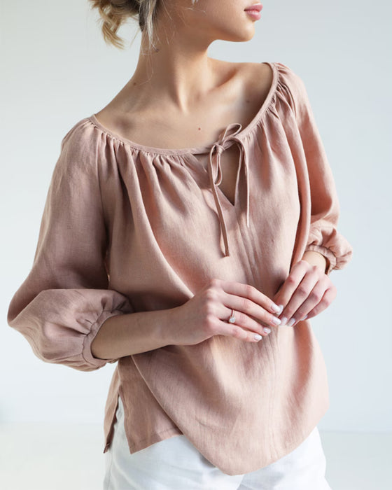 Einfarbiges Oberteil mit Rundhalsausschnitt und Bindeband