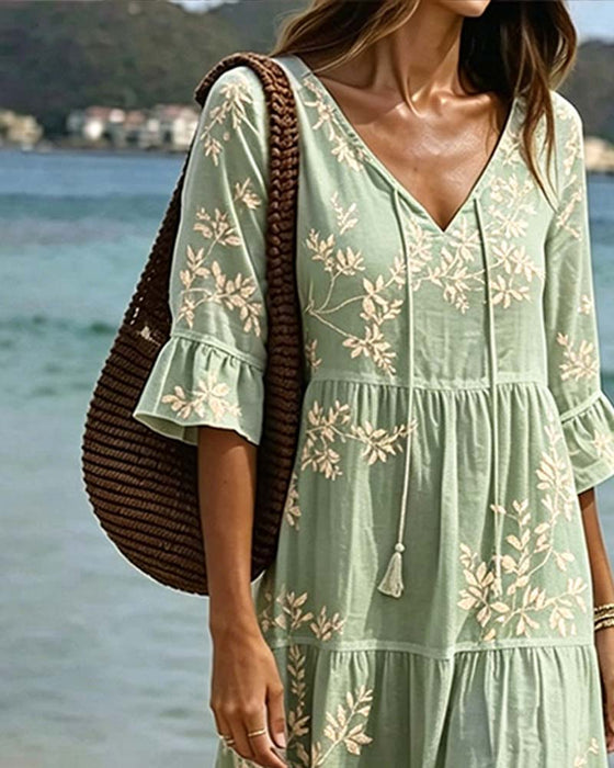 Kleid Rüsche V-Ausschnitt Binden Resort