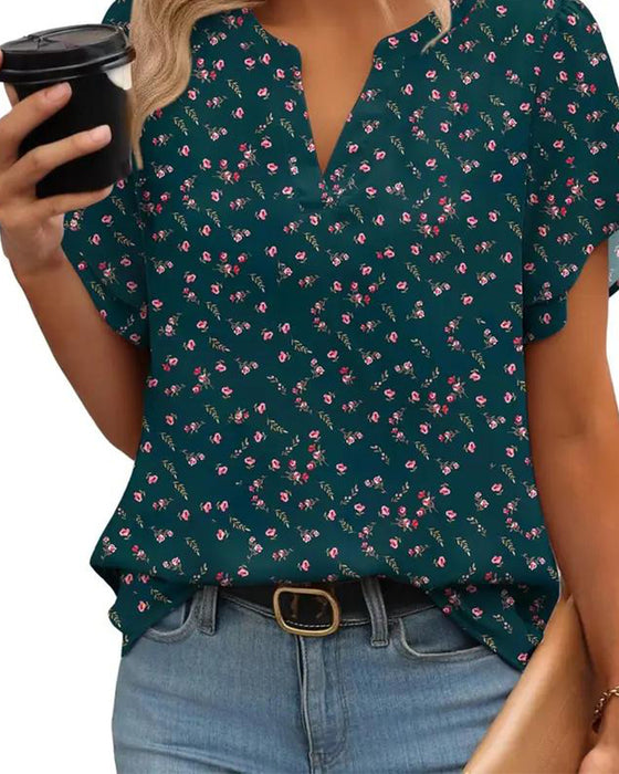 Bluse Blumenprint Kleiner V-Ausschnitt