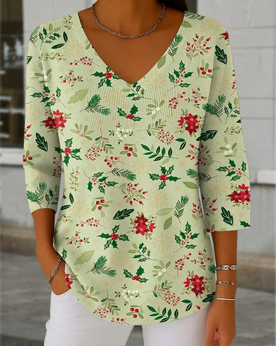 Damen Stricktop mit Weihnachtsdruck, V-Ausschnitt, 3/4-Ärmeln, Casual-Stil und lockerer Passform