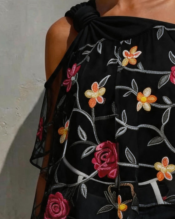 Bluse Mesh Rose Ein-Schulter Twist Knoten