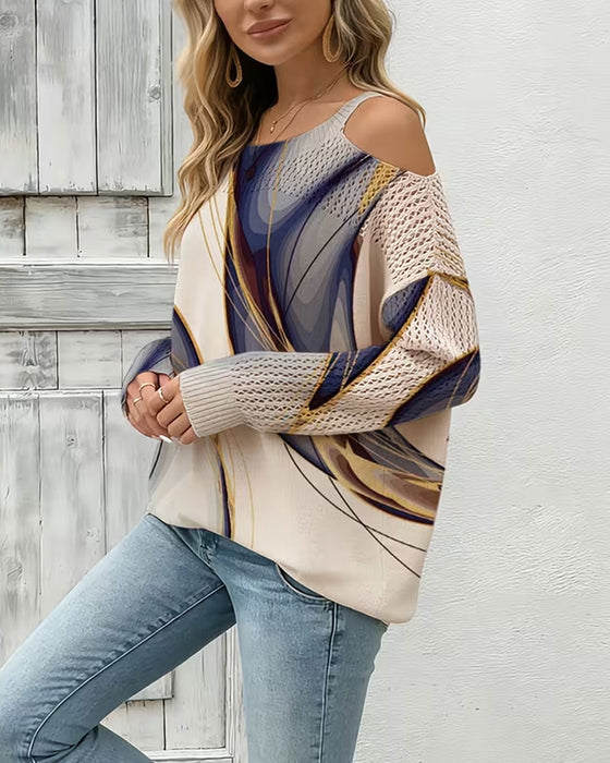 Pullover Stilvoll Druck Ausgeschnitten Off-Shoulder
