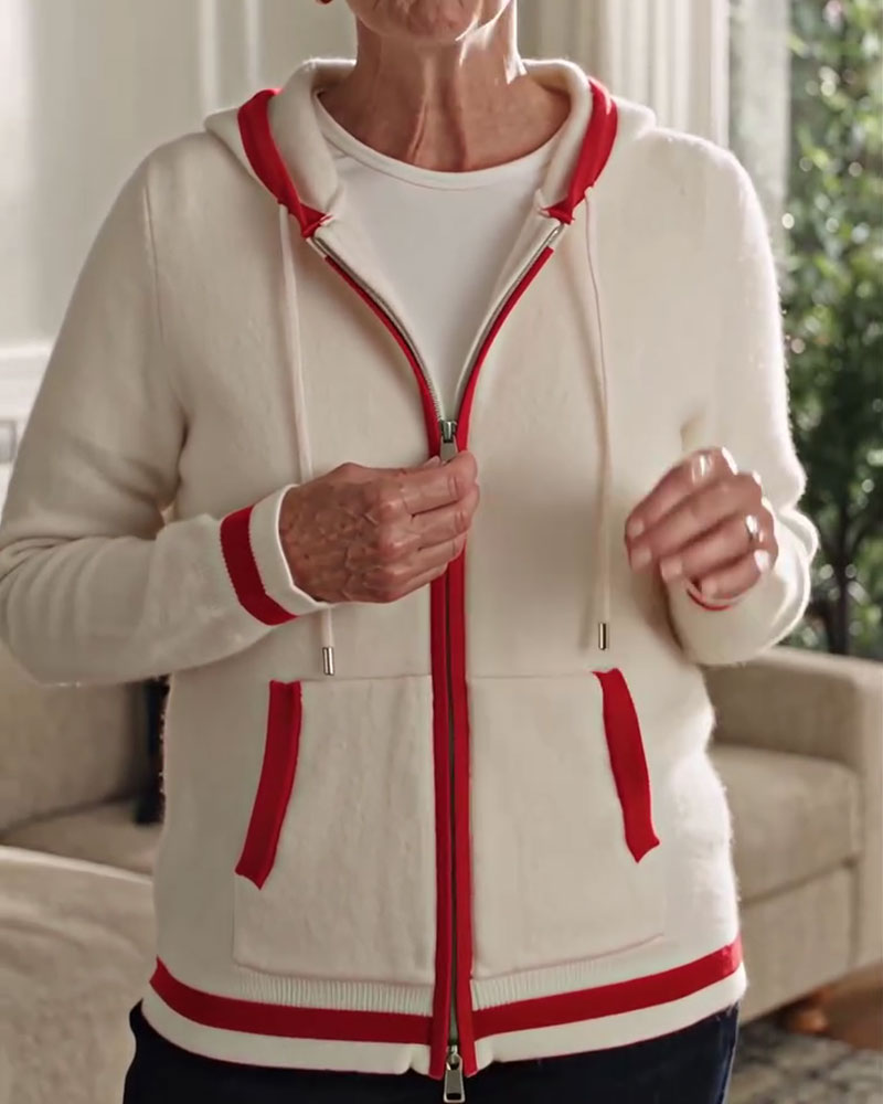 Cardigan Mit Kapuze Vollreißverschluss Kontrast Pullover