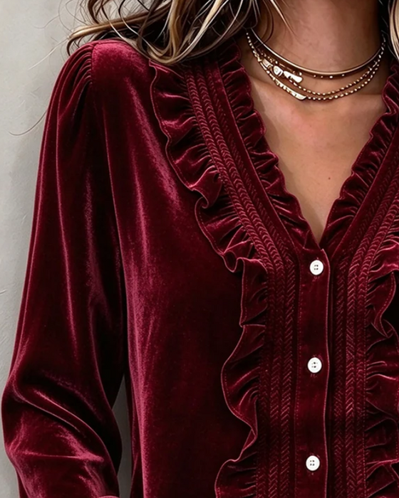 Bluse Velvet Ruffle-Trim V-Neck Langarm