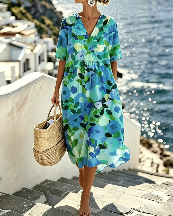 Kleid Aquarell Blumen V-Ausschnitt