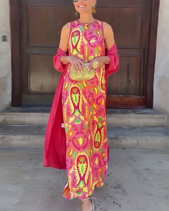 Set Ärmelloses Langes Kleid Mit Langer Strickjacke