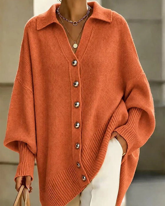 Lockerer Cardigan mit Revers, V-Ausschnitt und Knopfleiste