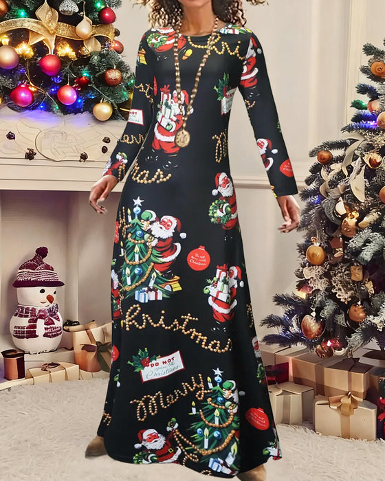 Kleid Schlank Weihnachten Gedruckt Langarm