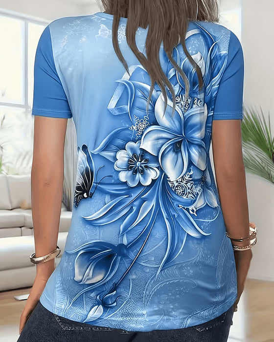 T-Shirt Blumen V-Ausschnitt Kurzarm