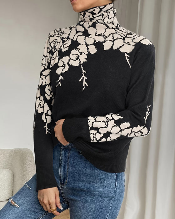 Pullover Hoher Hals Blumig Jacquard