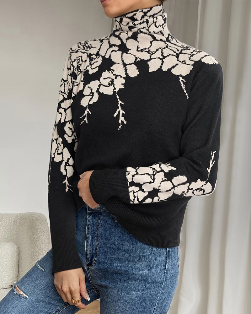 Pullover Hoher Hals Blumig Jacquard