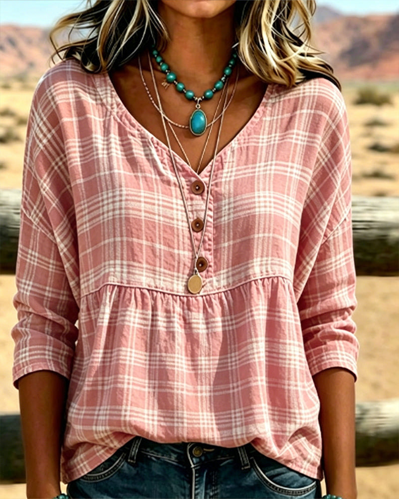 Bluse Vintage Karo V-Ausschnitt