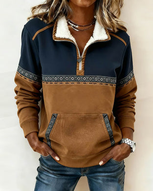 Retro-Sweatshirt mit Color-Blocking und Pelzkragen