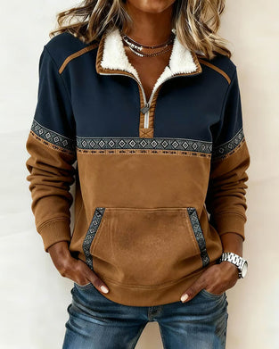 Retro-Sweatshirt mit Color-Blocking und Pelzkragen