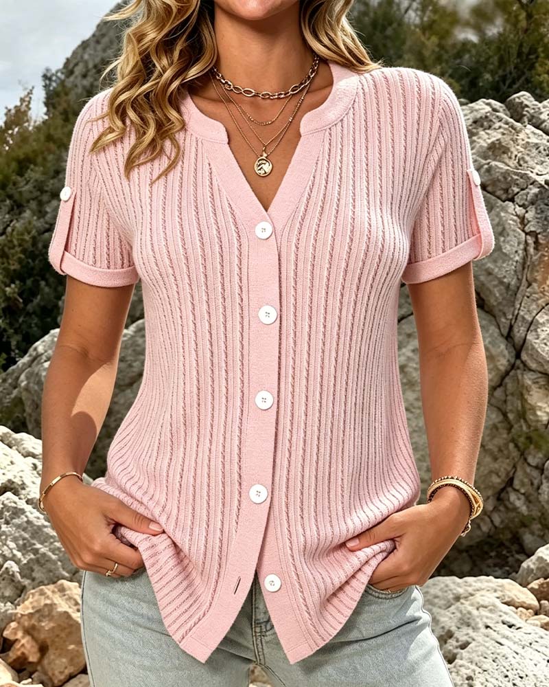 Bluse Mini V-Ausschnitt Knopf Einfarbig