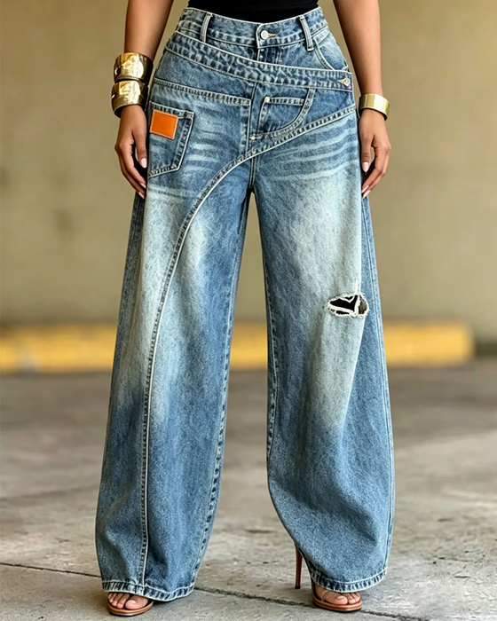 Hose Unregelmäßig Zerrissene Denim Lang