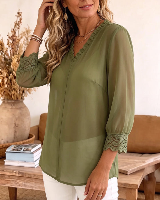 Bluse V-Ausschnitt Rüsche Spitze Patchwork