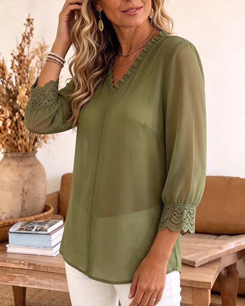 Bluse V-Ausschnitt Rüsche Spitze Patchwork
