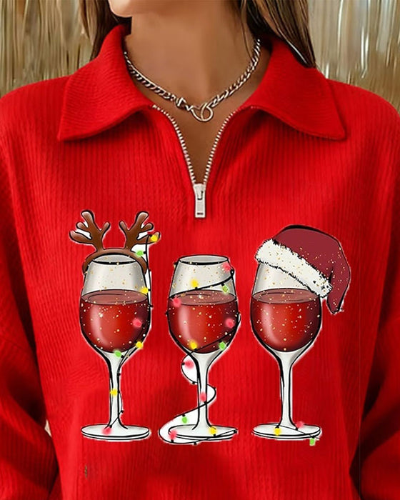 Sweatshirt Revers Reißverschluss Weihnachtsstil